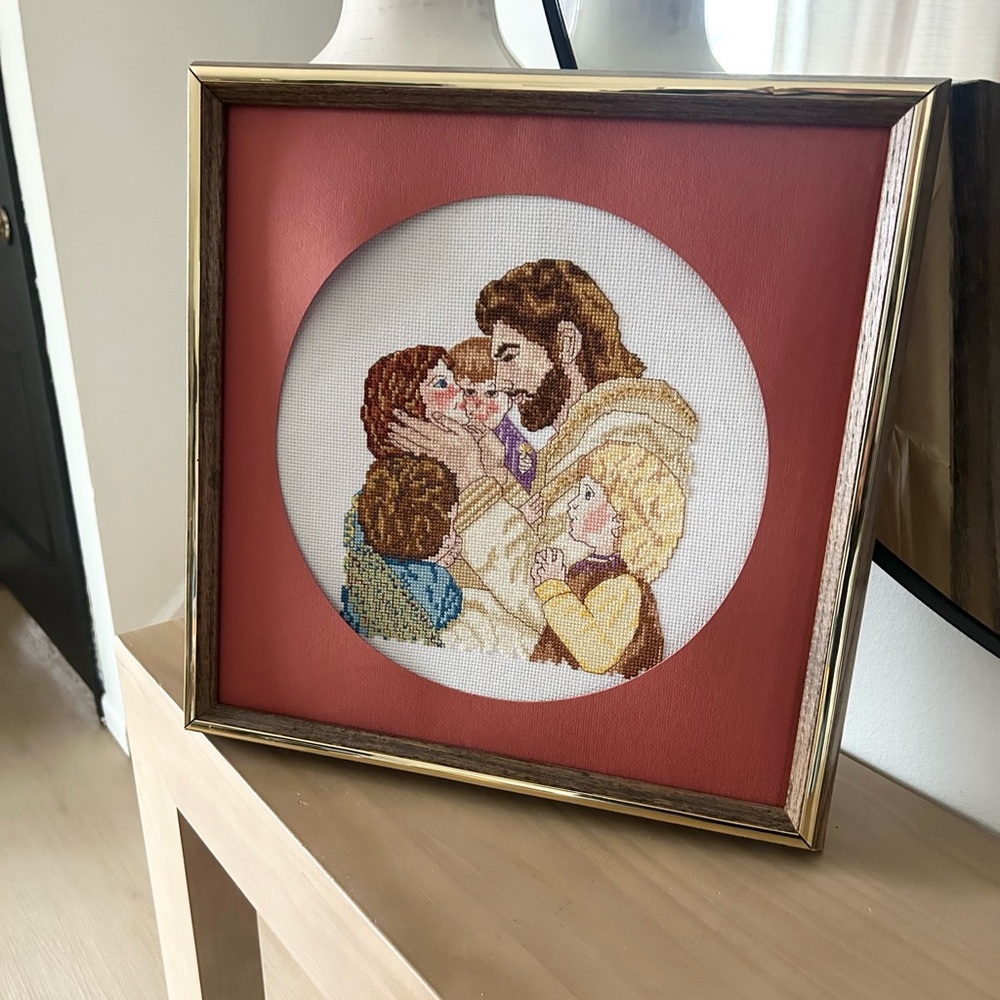 Vintage Jesus & Children Framed Embroidered Art Religious Cross Stitch